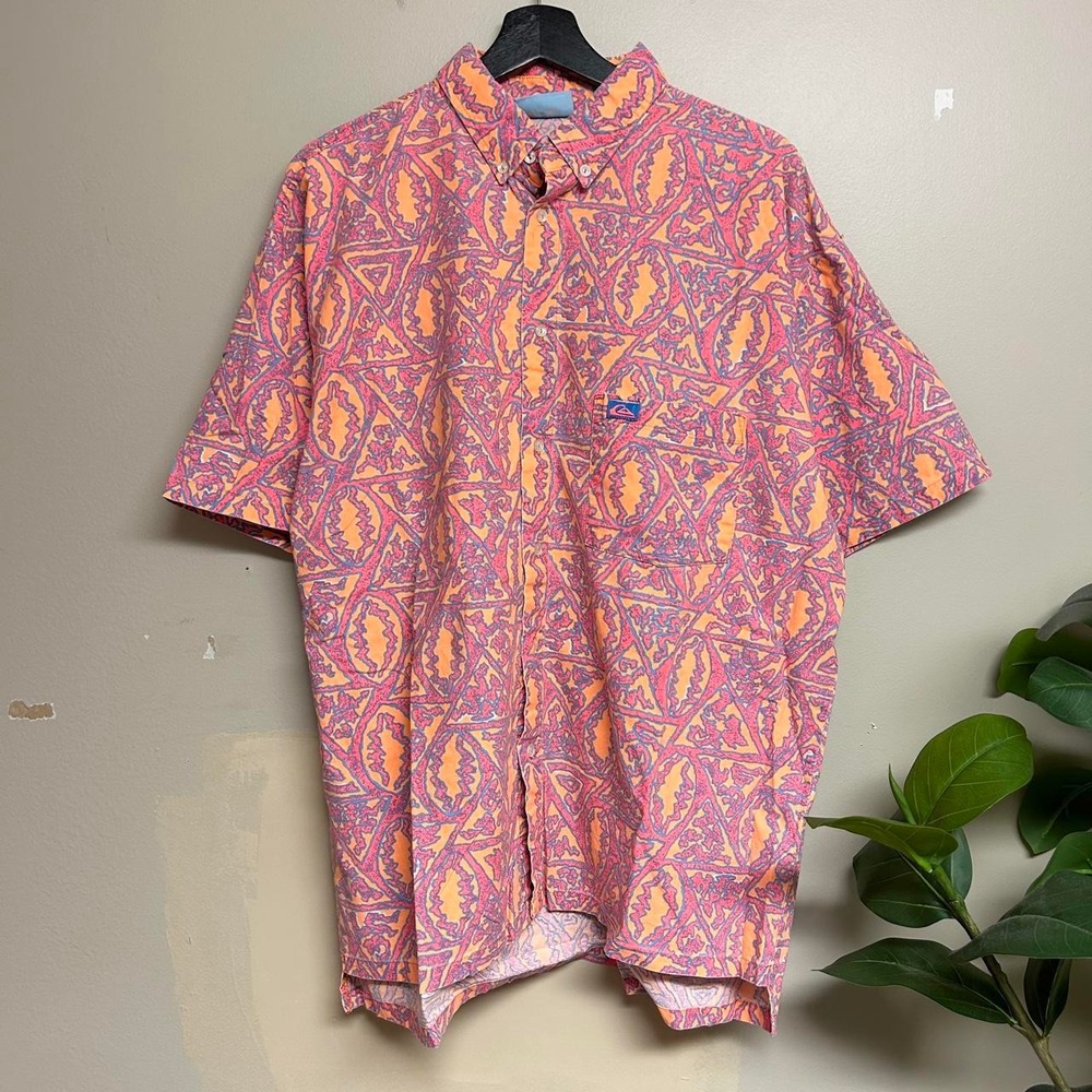 Vintage Quiksilver Blaze Orange All Over Print Surfer Button Up Shirt Mens L